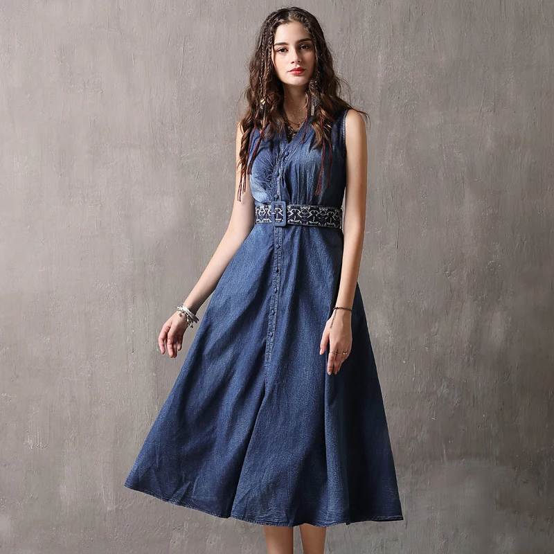 

High Quality Summer Denim Embroidery Dress Clothing Plus Size Women Elegant Spring Slim Cowboy Casual Jeans Dresses Vestidos