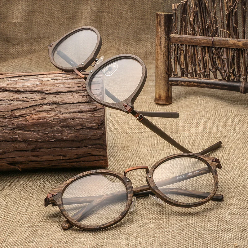 HDCRAFTER оправы для очков по рецепту для мужчин и женщин ретро круглые деревянные зернистые оптические очки оправа с прозрачными линзами