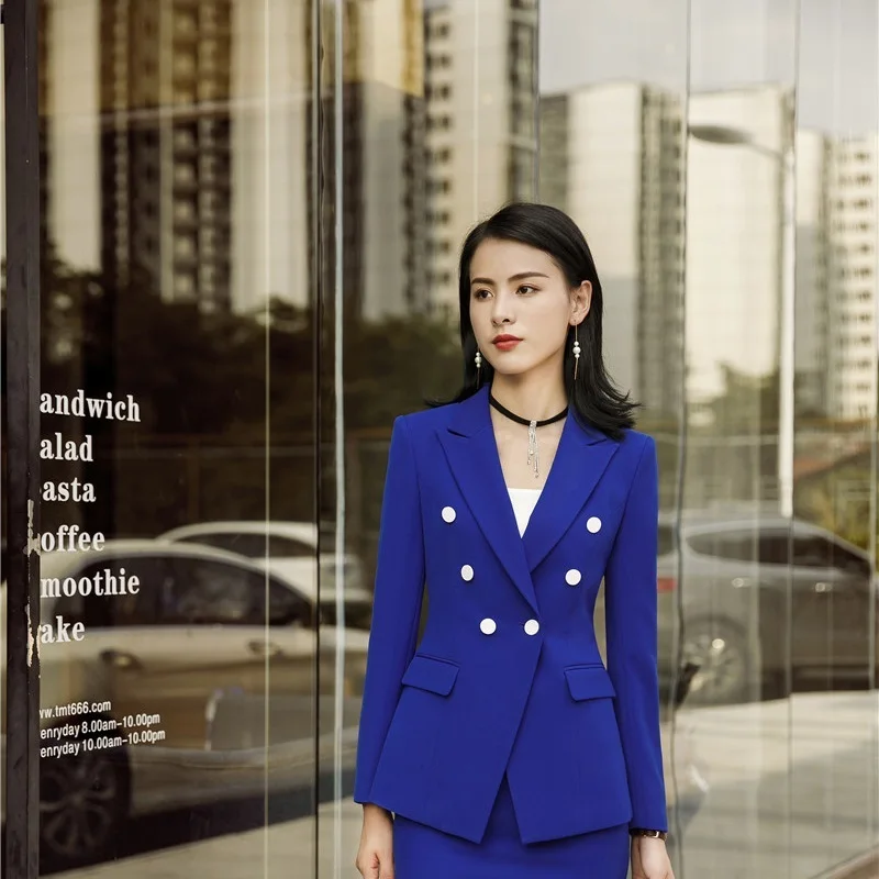 

Formal Uniform Styles Fashion Blue Long Sleeve Blazers Coat For Women Business Work Wear Professional Jackets Female Outwear