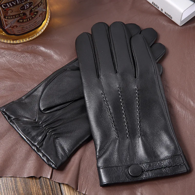 Genuine Leather Gloves Men Autumn Winter Goatskin Black Fashion Simple Driving Five Fingers Gloves Goatskin Mittens BM013