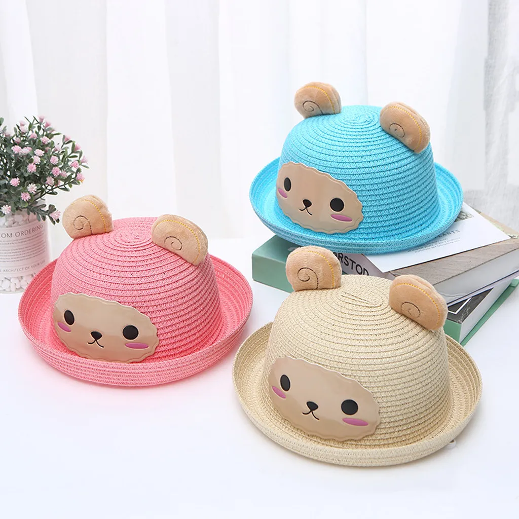 

Kids Baby Hat Cap Children Breathable Cartoon Hat Ears Straw Sun Protection Hats