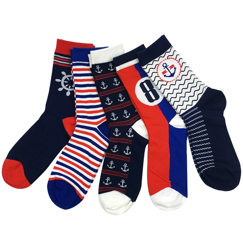Спички в военно-морском стиле с якорем мужские чесаные хлопчатобумажные забавные носки для влюбленных два размера(5 пар/лот - Цвет: LoverSockTwoSize
