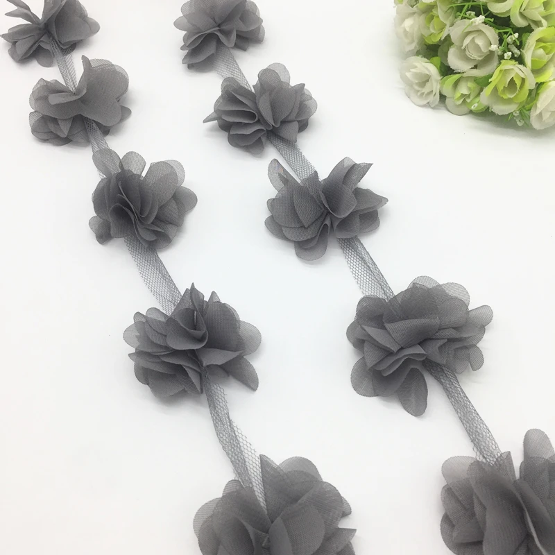 

1 Yard 3D Grey Chiffon Flower Lace Trim Baby Hair Band Lace Fabric Decoration DIY Garment Accessories Ribbon #10