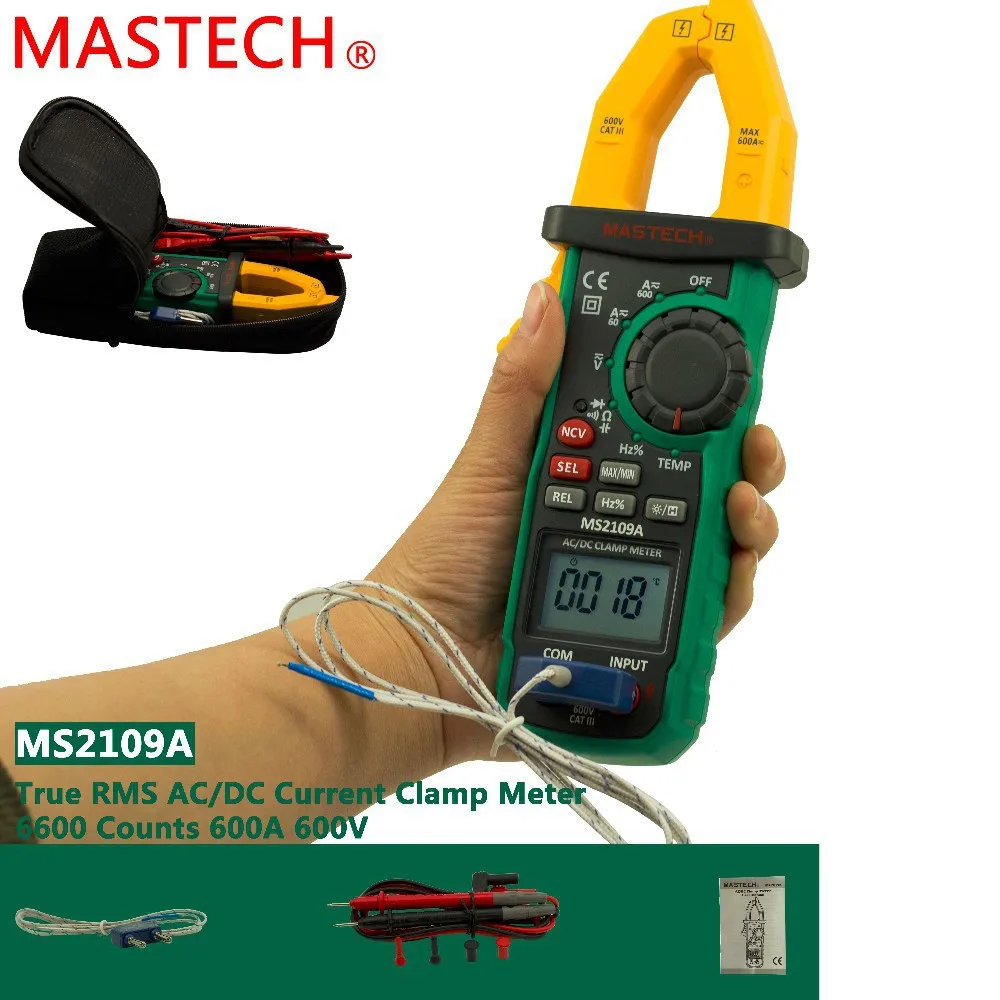 Mastech MS2109A True RMS Auto Range Digital AC DC Clamp Meter 600A Multimeter Volt Amp Ohm HZ Temp Capacitance Tester NCV Test