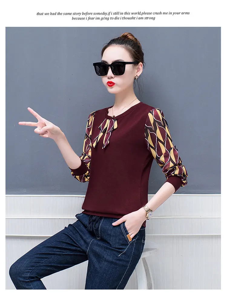 2019 Fall Patchwork Blouse Women Tops Plus Size Print Shirts Femme Tops Casual Ladies Shirts Bow Long Sleeve Blusas Mujer (5)