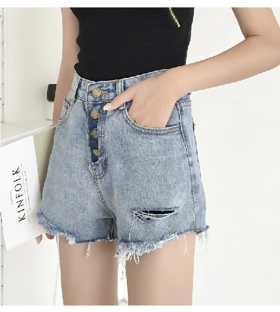 Лето новые корейские черные женские шорты размера плюс рваные джинсы с высокой талией, женские сексуальные шорты в уличном стиле
