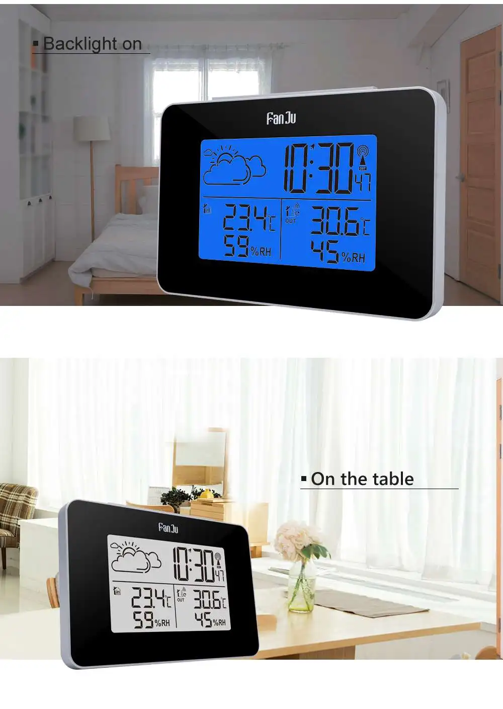 FanJu FJ3364 Digital Alarm Clock Weather Station Wireless Sensor Hygrometer Thermometer Multi-function LED Desktop Table Clock