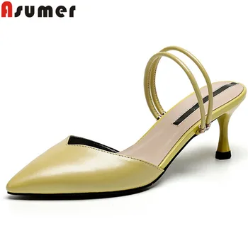 

ASUMER 2020 summer sandals for women pointed toe shallow casual genuine leather shoes women high heels slingback ladies sandals