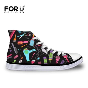 

FORUDESIGNS Cosmetologist Barber Sneakers Black Women High Top Canvas Casual Vulcanize Shoes Fashion Girls Flats Zapatos Mujer