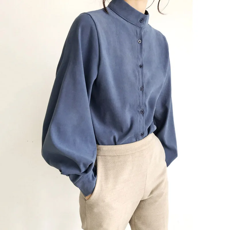 

2019 Spring Women Stand Collar Tops and Blouses Casual Loose Lantern Sleeve Solid Shirts Ladies Office White Tops blusas mujer