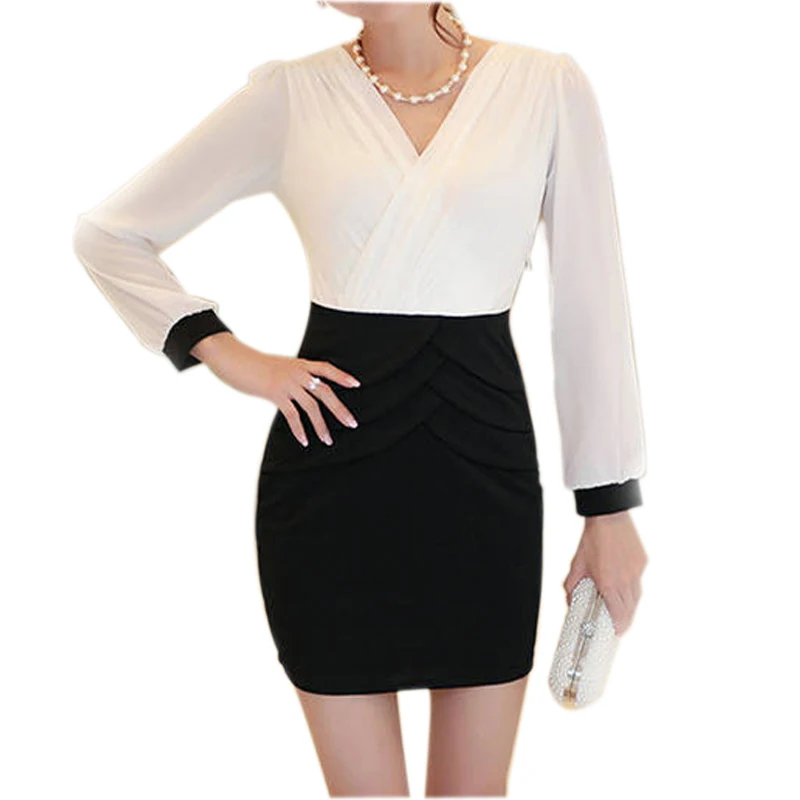 

2019 Elegant Women Chiffon Dress Long Sleeve Kpop Autumn Dress V Neck Slim Mini Party Dress Splicing Short Dress Short Vestidos