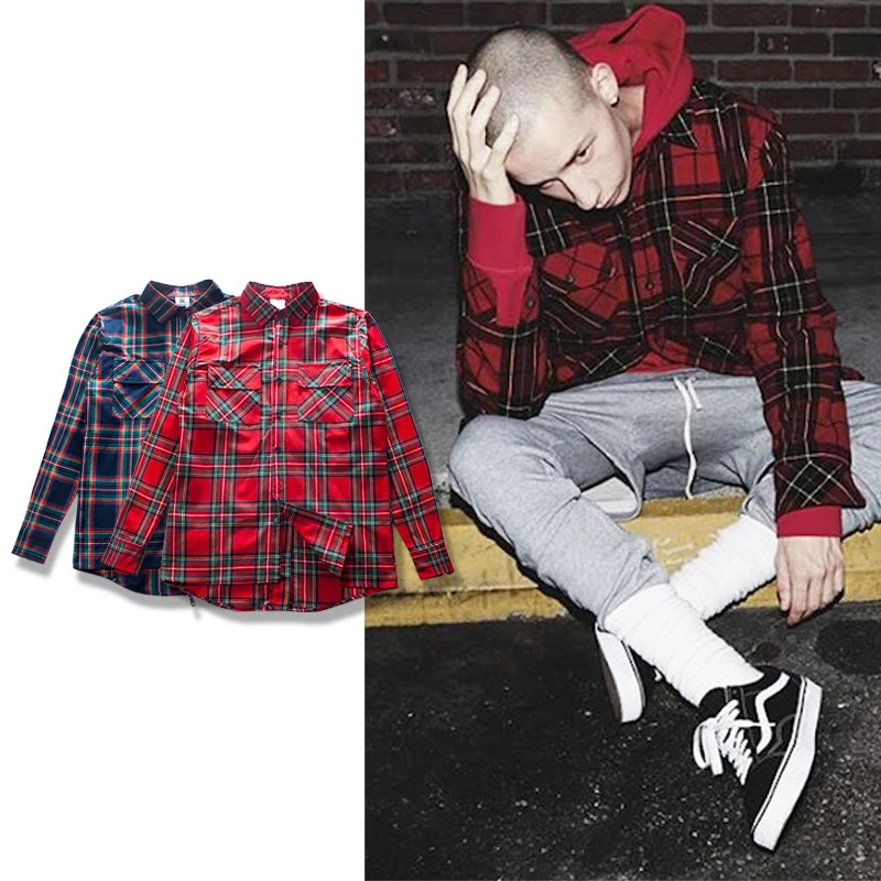 top fear of god casual streetwear raw cut Scottish grid plaid back zipper flannel shirt justin