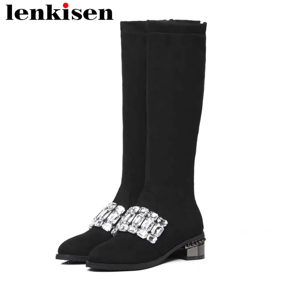 

Lenkisen hot sale flock sparkling crystals decoration plus size med heels beading round toe slip on stretch knee-high boots L11