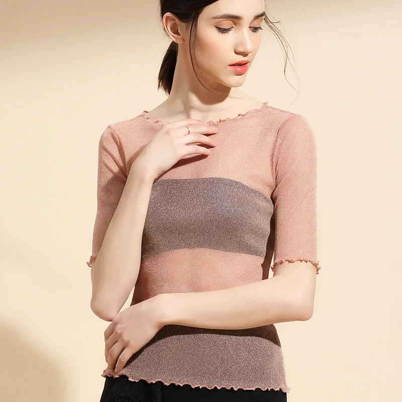 2018 new Fashion Five sleeves Summer Sexy T-shirts see through mesh Women Solid Color Fashion T-shirt AL28679 2018 new Fashion Five sleeves Summer Sexy T-shirts see through mesh Women Solid Color Fashion T-shirt AL28679
