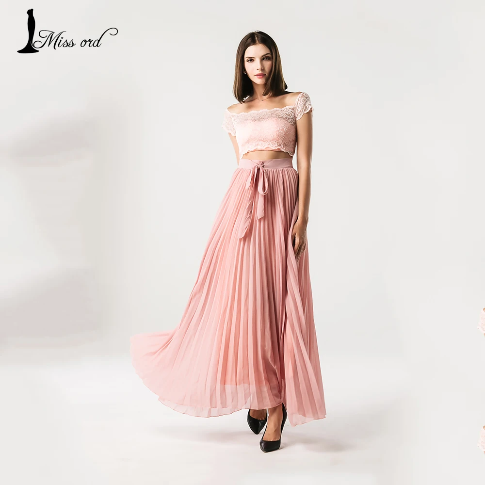  Free Shipping Missord 2016 Sexy word shoulder lace stitching folds two-piece dress FT4327 