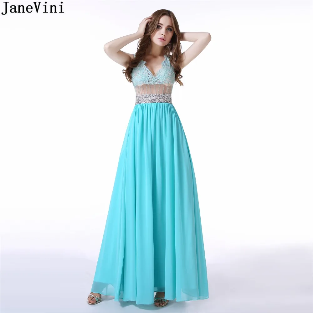 JaneVini Sexy Deep V Neck Lace Plus Size Long Bridesmaid Dresses A Line Sleeveless Beaded Illusion Back Chiffon Prom Party Gowns | Свадьбы и
