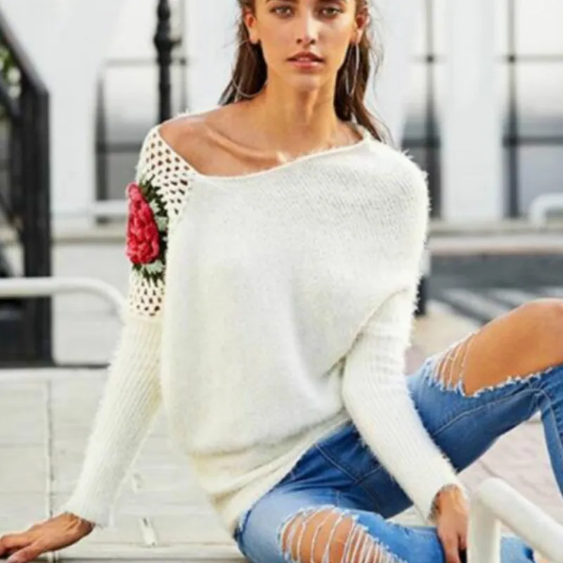 

Women 3D Flowers Crocheted Mohair Sweater Autumn Hollow Floral Embroidery Rose Hook Pullover Knitted V-Neck Shirt Velvet Tops