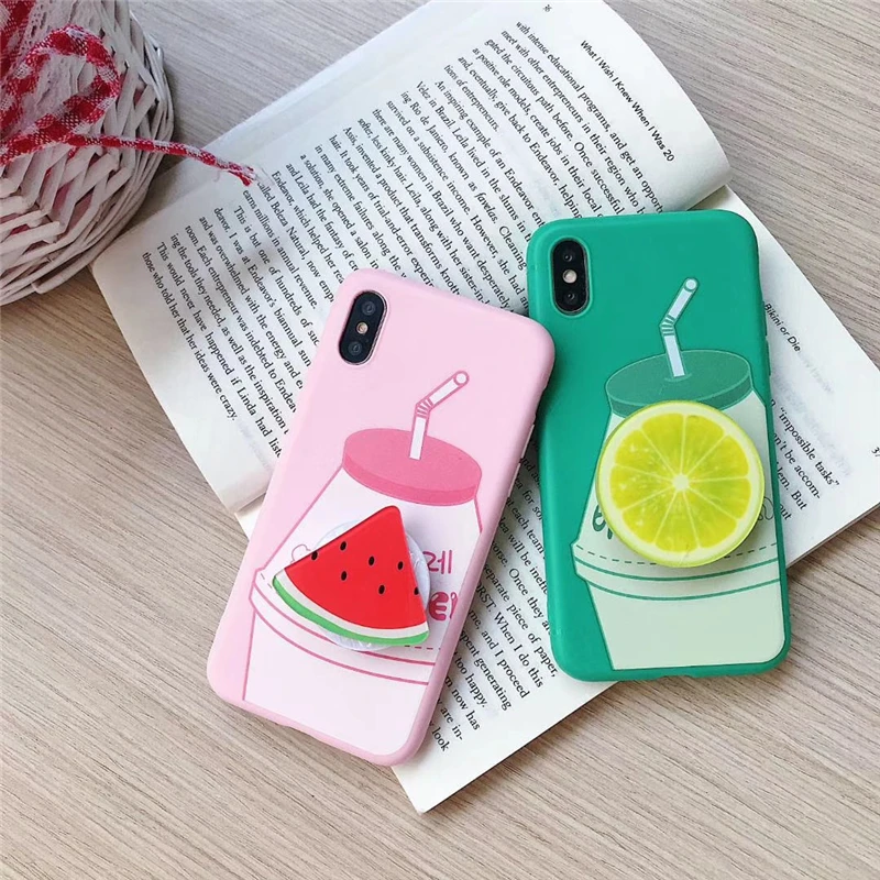 

WTSZKL Cute Cartoon Fruit Pattern Stand Phone Case for iPhone X Xs Max Xr 8 7 6 6s Plus Lemon Pattern Case for iPhone X