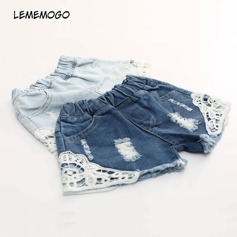 Lememogo/короткие джинсы с дырками для маленьких девочек Новинка, Детские однотонные шорты для девочек, шорты с эластичной резинкой на талии детские узкие универсальные джинсы