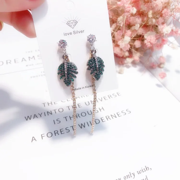 Palm leaf full cz green earring 925 silver post Hypoallergenic fadeless fashion jewelry stud earrings for women girl gift