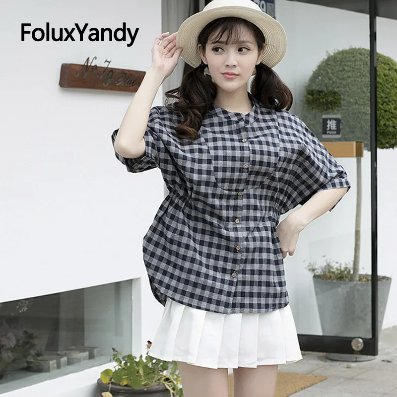 

4 Colors Casual Batwing Sleeve Blouse Shirt Women Plus Size Loose Plaid Short Sleeve Summer Blouses Femme Blusas SWM1353