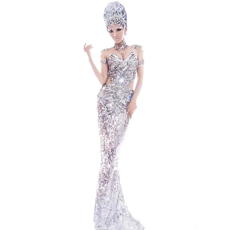 2017 new fashion sexy Clothes formal dress sexy costume stage clothes silver color for singer dancer star performance and show
