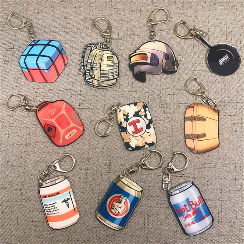 

New Popular games Keychain Battle Grounds Keychain Helmet Pan Gun Alloy Keyring Jewelry FPS Game Fans Gift llaveros mujer brelok