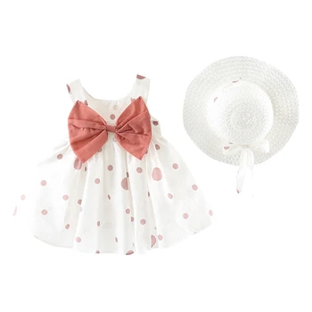 

Baby Girls Summer Dress Polka Dot Printed Bow-knot Princess Dresses Sleeveless O Collar Toddler Kids Clothes + Hat Set 0-24M A20