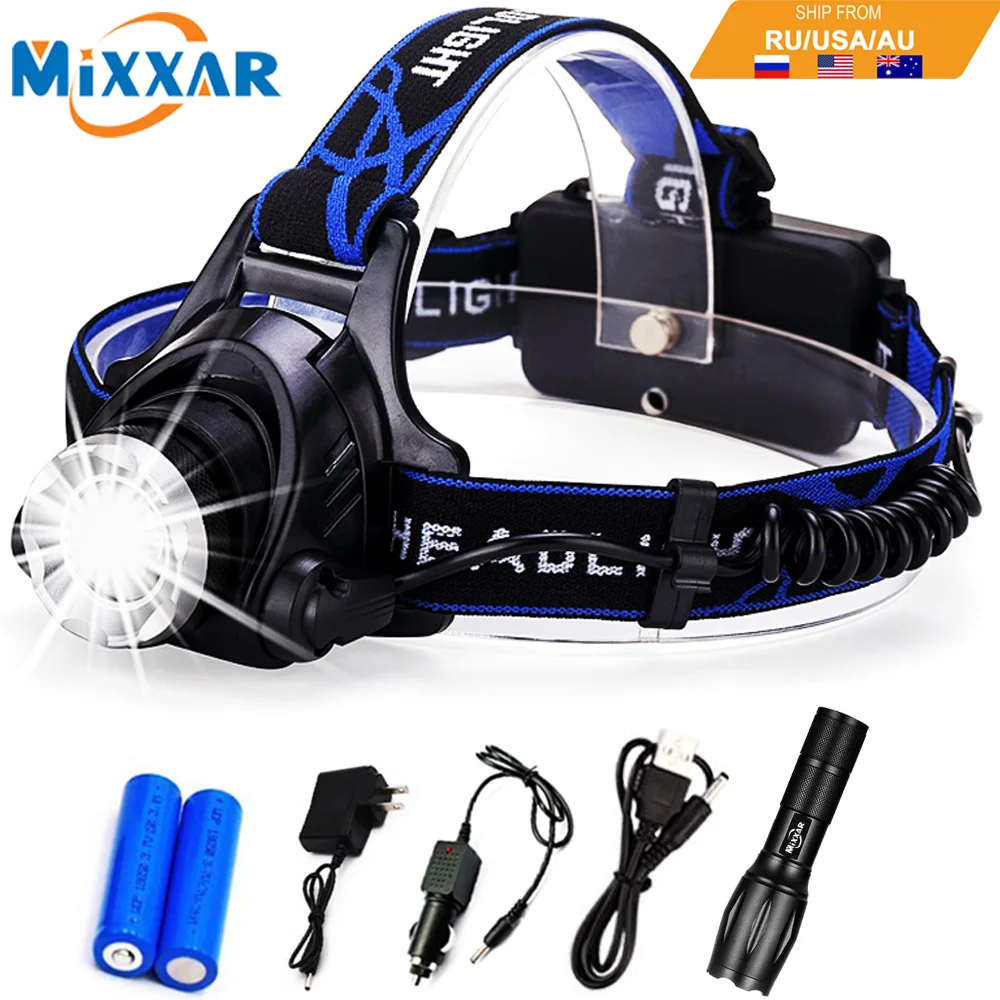 E Rechargeable Headlamp Zoomable Waterproof LED Flashlight Hands free