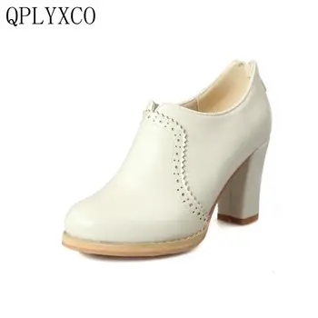 

QPLYXCO 2017 New fashion Retro Big size 32-48 women high heels shoes ladies pumps round toe Party dance wedding shoes 07-1