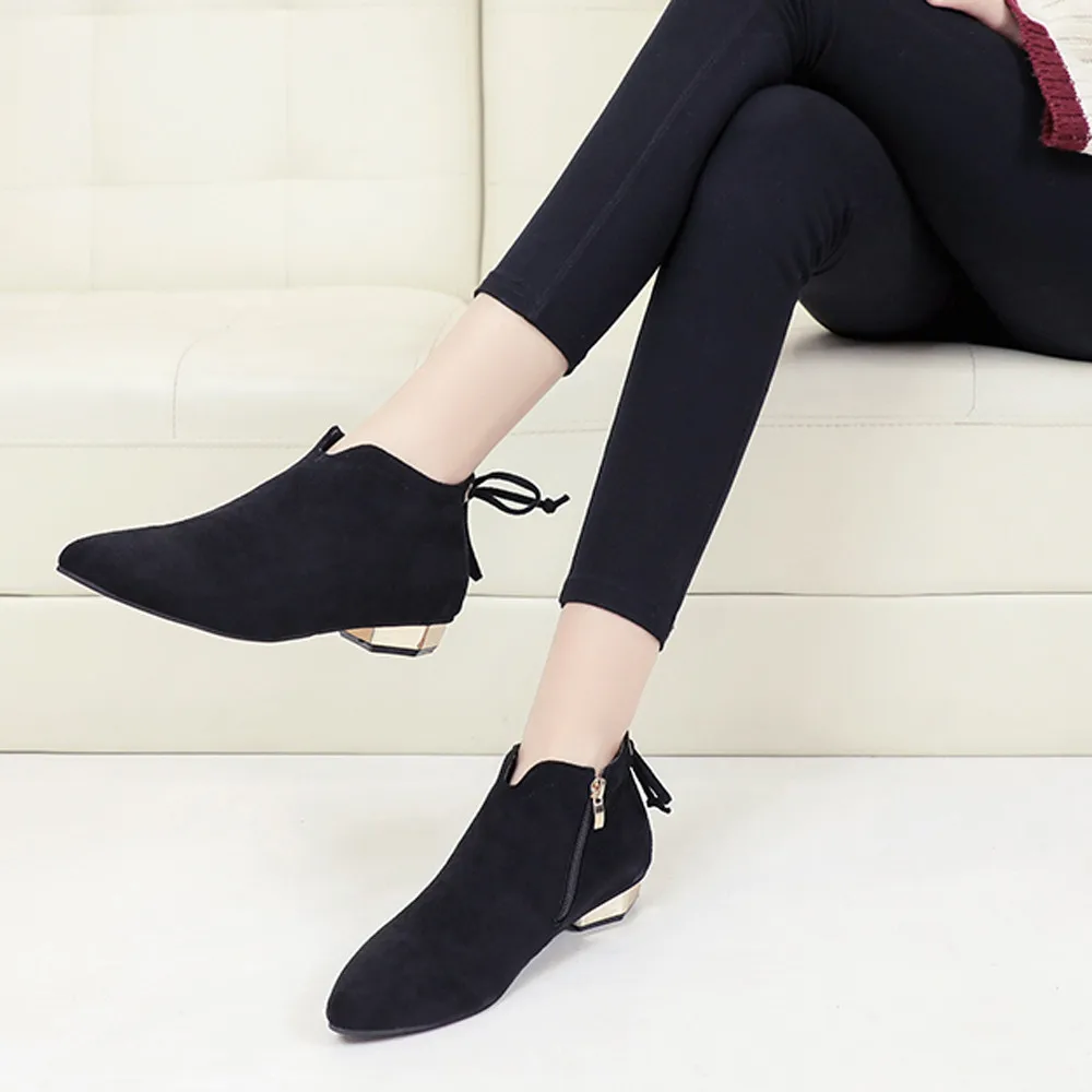 

Women Short Boots Flock 2018 Fashion Women's Pointed Toe Low-heeled Shoes Suede Booties Zipper Bow Single Shoes botas feminina