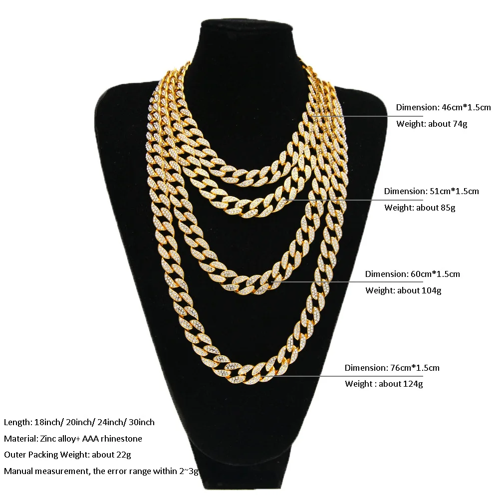 Iced Out Bling Rhinestone Crystal Golden Finish Miami Cuban Link Chain
