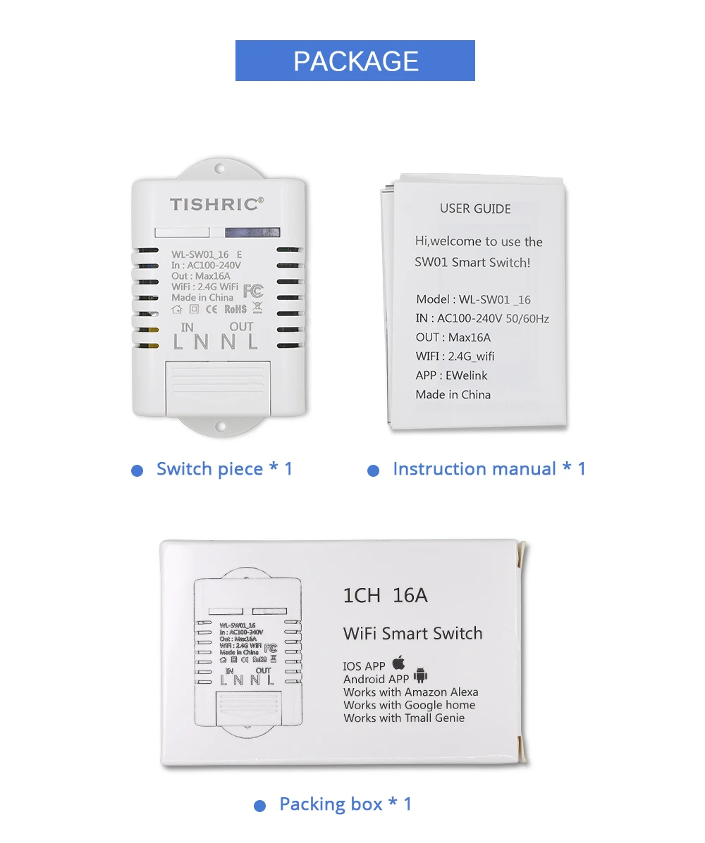 Tishric базовый умный переключатель Wi-Fi 10A/16A беспроводной Таймер с задержкой и пультом дистанционного управления, светильник с поддержкой google home Alexa