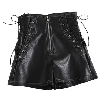 

Spring summer high waist pu leather wide leg shorts sexy high waist bandage short Pants for women TB755