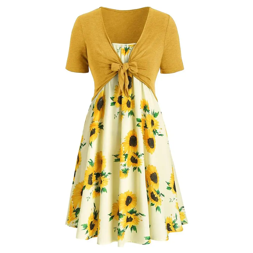 

Fashion Summer Women Short Sleeve Bow Knot Bandage Top Sunflower Print Mini Dress Suits Ladies Hot Sale Beach vestidos For 2019