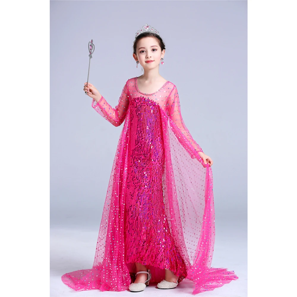 Pink Girls Princess Elsa Dress Long Tail Wedding Evening Party Dress Fancy  Children Clothing Kids Sequined Snow Queen Costume - AliExpress