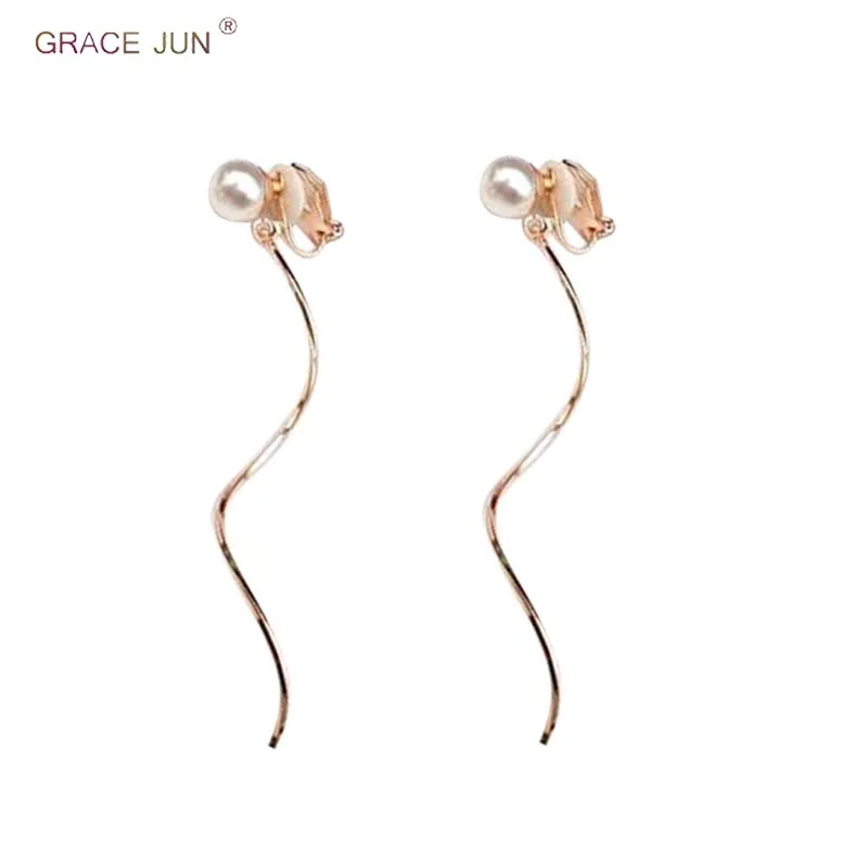 

GRACE JUN New Long Style Simulated Pearl Long Clip on Earrings No Pierced for Gril's Fashion Princess Ear Clip Cute Jewelry Gift