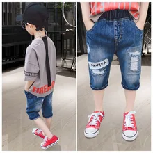 Фирменная Новинка для малышей Детская футболка для мальчиков с «дырками» мыть джинсы укороченные штаны Короткие шорты летние джинсы, шорты