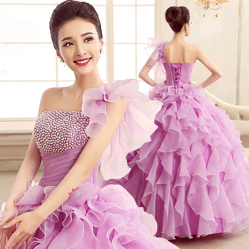 

Romantic 2019 Colorful Organza Beading Ruched One Shoulder Quinceanera Dresses Beautiful Party Gowns Vestidos