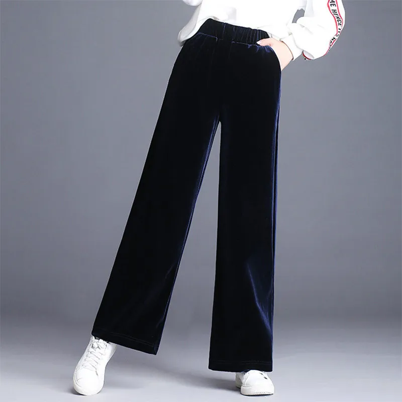 Новые женские винтажные черные однотонные бархатные брюки большого размера с высокой талией, женские ретро брюки размера плюс, свободные вельветовые широкие брюки - Цвет: nevy