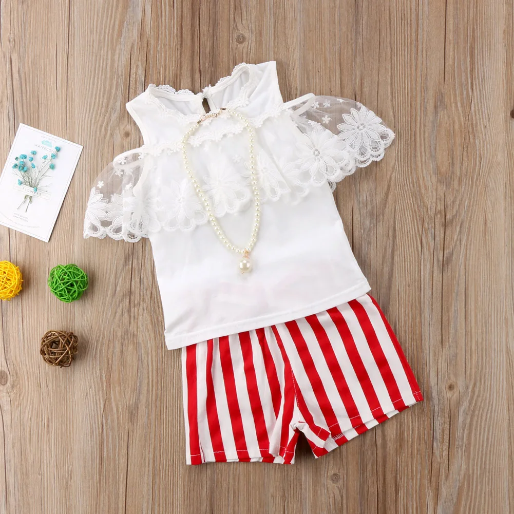 Мода для малышей для маленьких девочек принцессы Летняя одежда Кружева цветочные с плеча футболка Топы в полоску с бантом Короткая одежда