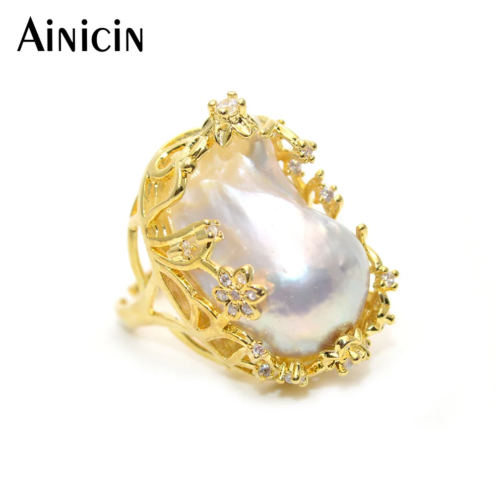 

Baroque Style Exaggerated Women Jewelry Natural Freshwater Pearl Adjustable Rings Gold Plating CZ Setting Flower Jewelry