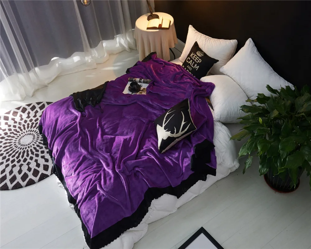 

Modern Fashion Bedding Sofa / Bed / Travel / Aircraft Purple Flannel Blanket With Black Lace Warm Blankets Large Size 250x230cm