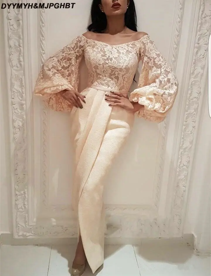 Plus Size Muslim Evening Dresses 2019 Mermaid Long Sleeves Lace Slit Islamic Dubai Saudi Arabic Long Evening Gown Prom Dres_