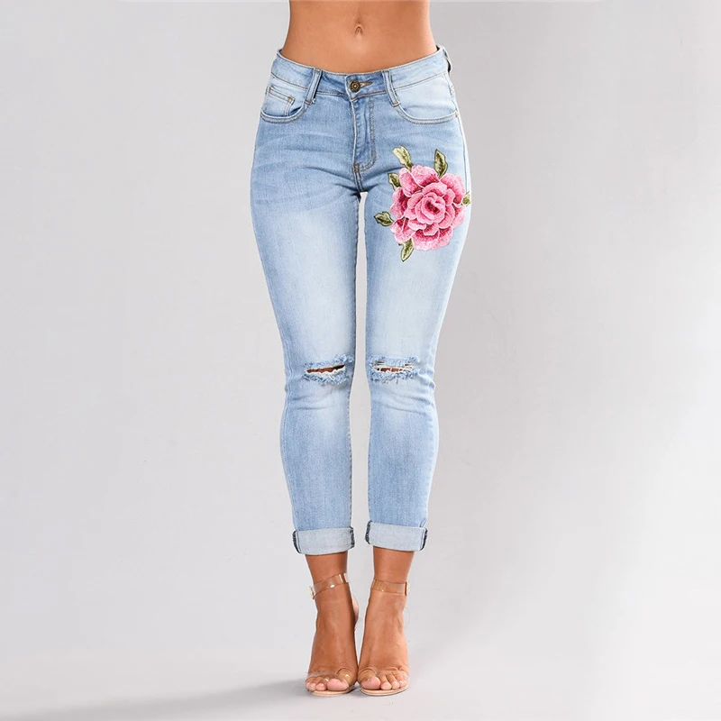 

Womens Ripped Jeans 2019 New Fashion Embroidery Rose Womens Jeans Light Blue Slim Fit Stretch Denim Pencil Pants