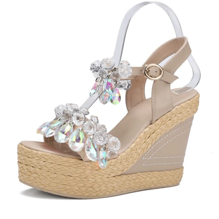 

2017 Summer Full Grain Leather Women's Wedges Heel Beading shoes fashion ladies handmade Rhinestone apricot sandals for women