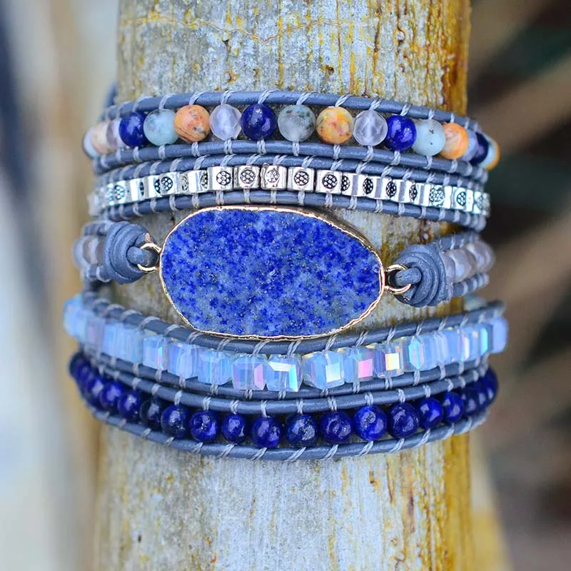 Soothing Lapis Lazuli Wrap Bracelet arounds tree bark