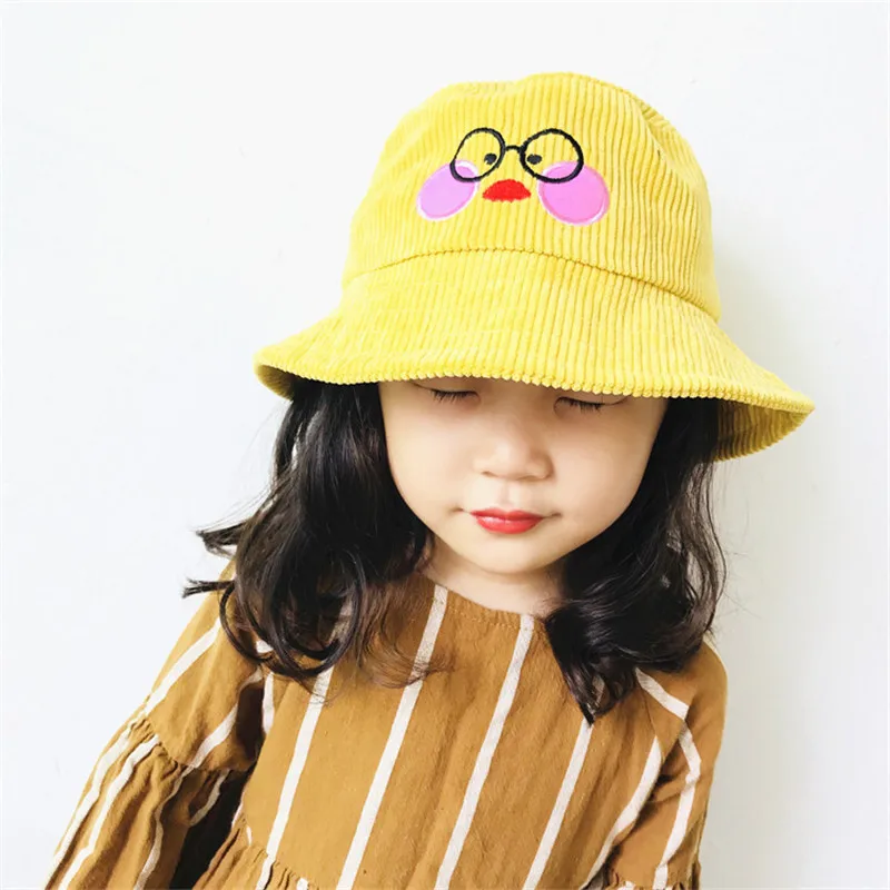 

Korea Handmade Cartoon Duck Corduroy Solid Bucket Hats Caps Fall Winter for Children Girls Kids Apparel Accessories-OZKHFW004C5