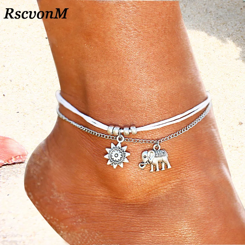 

New Vintage Star Elephant Anklets Bracelet For Women Boho Pendent Double Layer Anklet Bohemian Foot Jewelry Gift Drop shipping