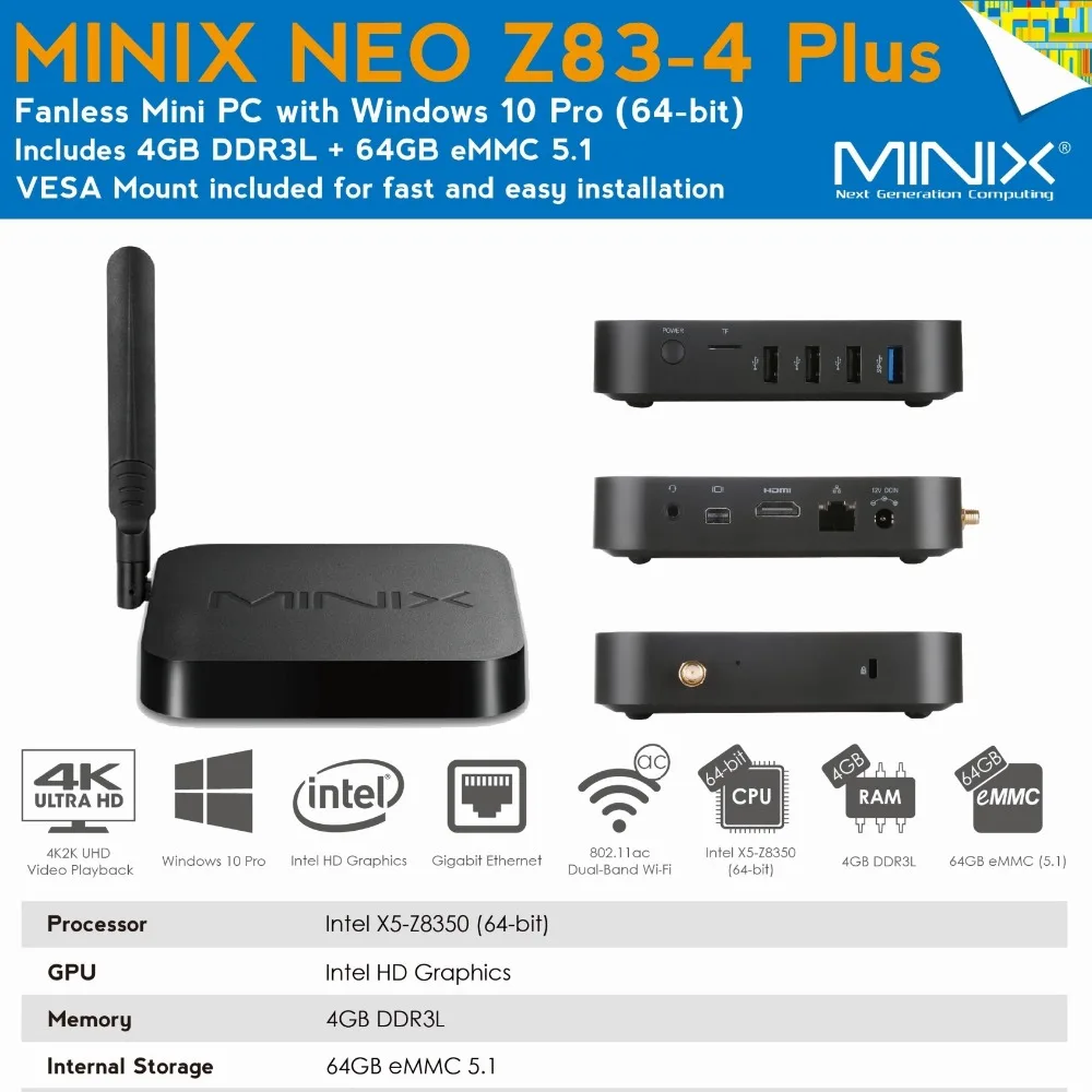 Мини-ПК MINIX NEO Z83-4 Plus, официальный мини-ПК Intel Windows 10 Pro, Intel Atom X5-Z8350, HD graphics, 4 ГБ/64 ГБ, портативный мини-ПК